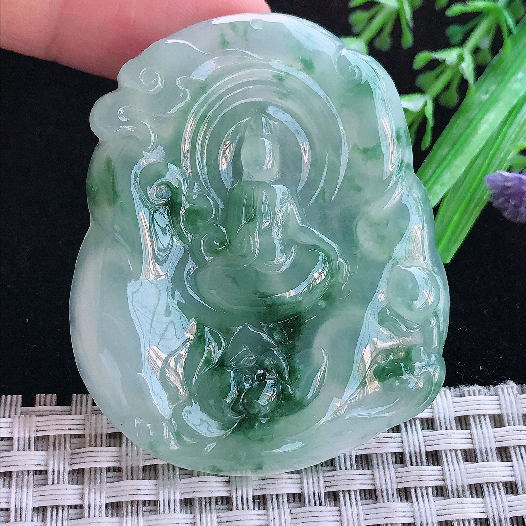 实拍A货翡翠52.8/44/5老坑冰胶果冻冰飘花无相观音吊坠翡翠玉观音挂件