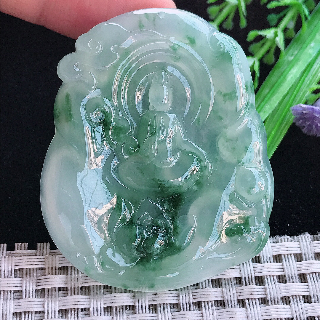 实拍A货翡翠52.8/44/5老坑冰胶果冻冰飘花无相观音吊坠翡翠玉观音挂件