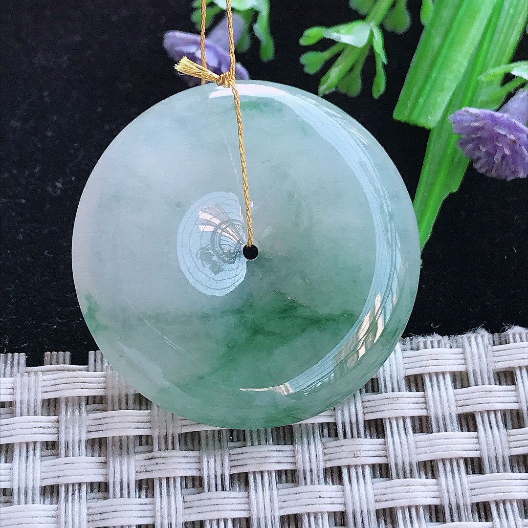 实拍A货翡翠31.6/5.8老坑冰润起胶飘花平安扣吊坠翡翠玉扣挂件