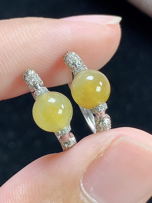18k金镶冰黄翡玉珠耳环，无裂，裸石尺寸6.1mm，S10xto