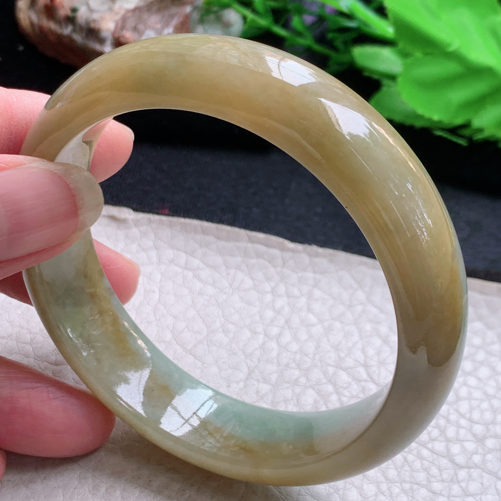 hh大圈口59.5*15.3*8.2轮胎镯 缅甸翡翠a货玉手镯黄翡宽边玉手环