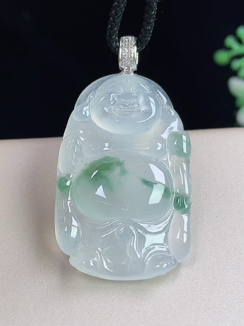 18k金镶冰飘花弥勒佛，无裂，尺寸33.5-20.5-5.2mm，S11lwh6