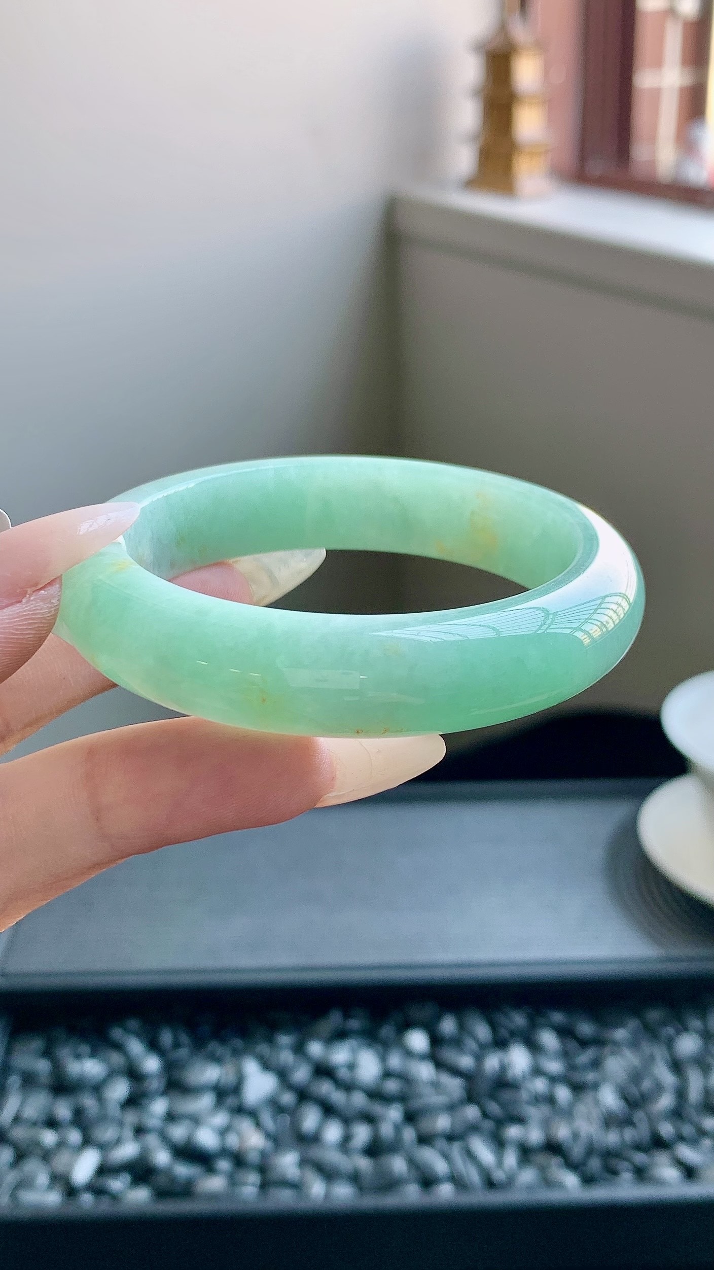 果绿洒金正圈手镯成品 HYY-8297 尺寸：52-12-8