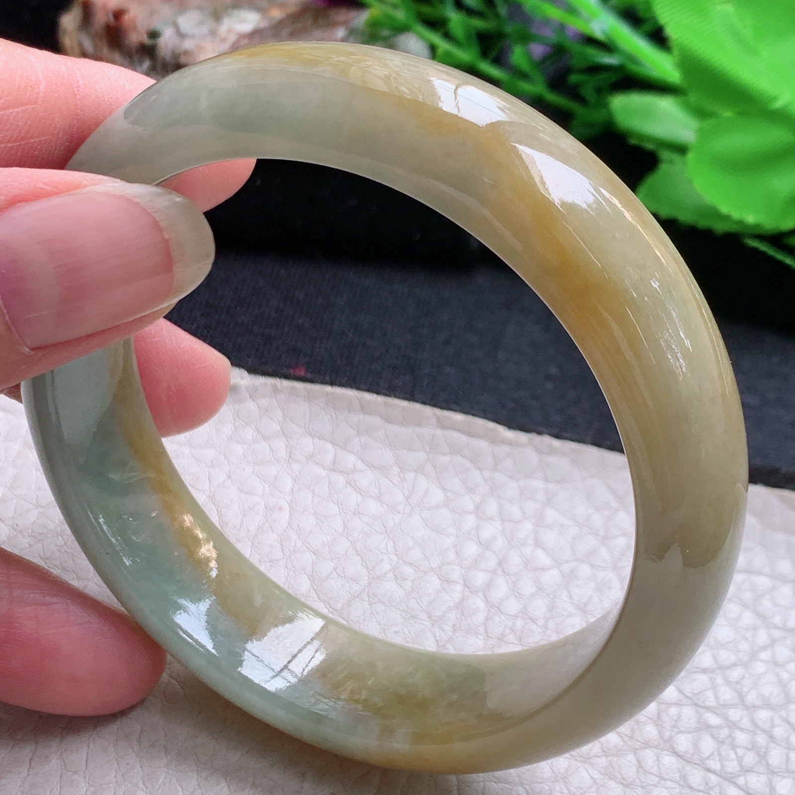 hh大圈口59.5*15.3*8.2轮胎镯 缅甸翡翠a货玉手镯黄翡宽边玉手环