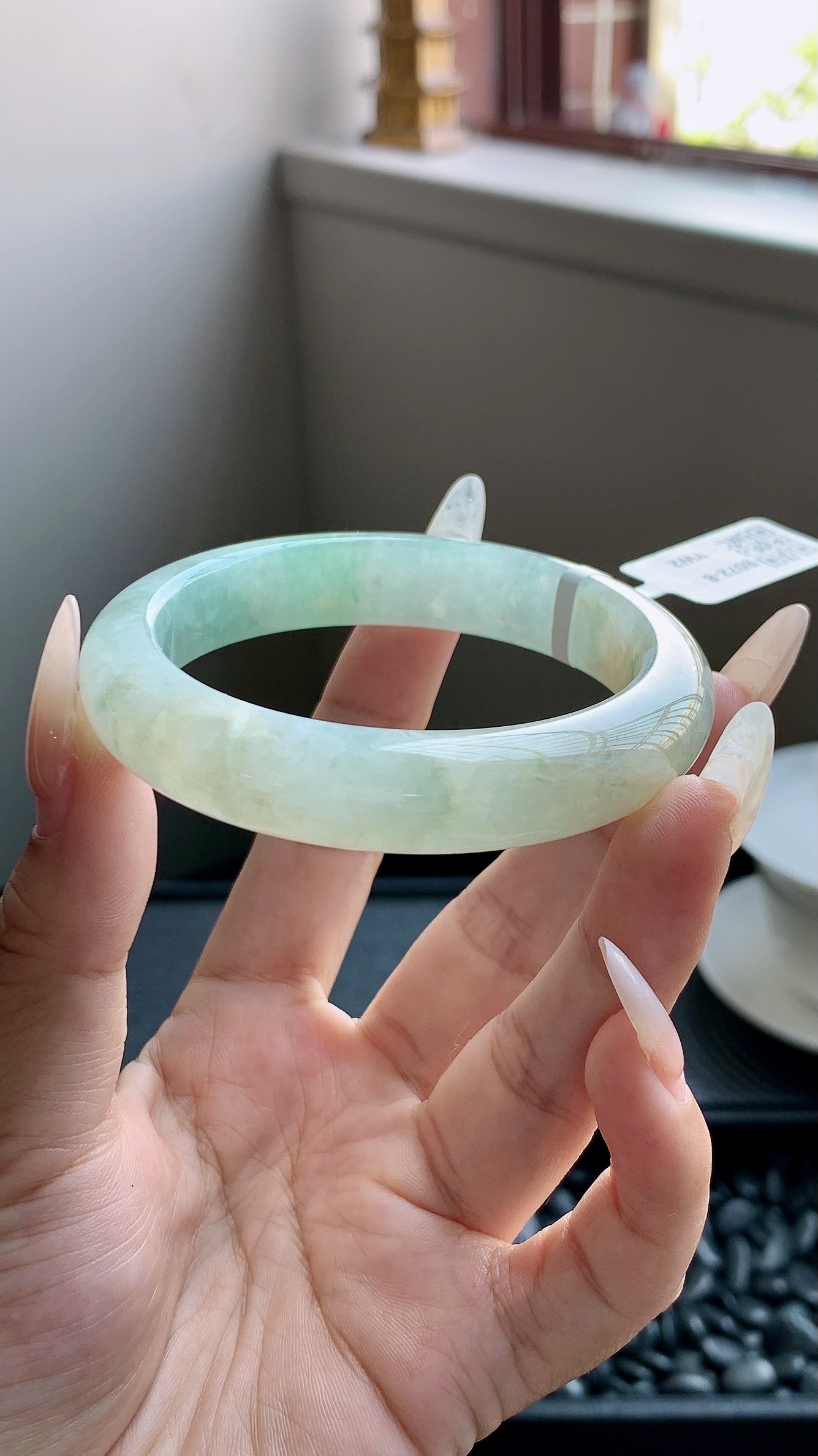 冰黄加绿正圈手镯成品（微瑕） B072-8 尺寸：54-12-8.5