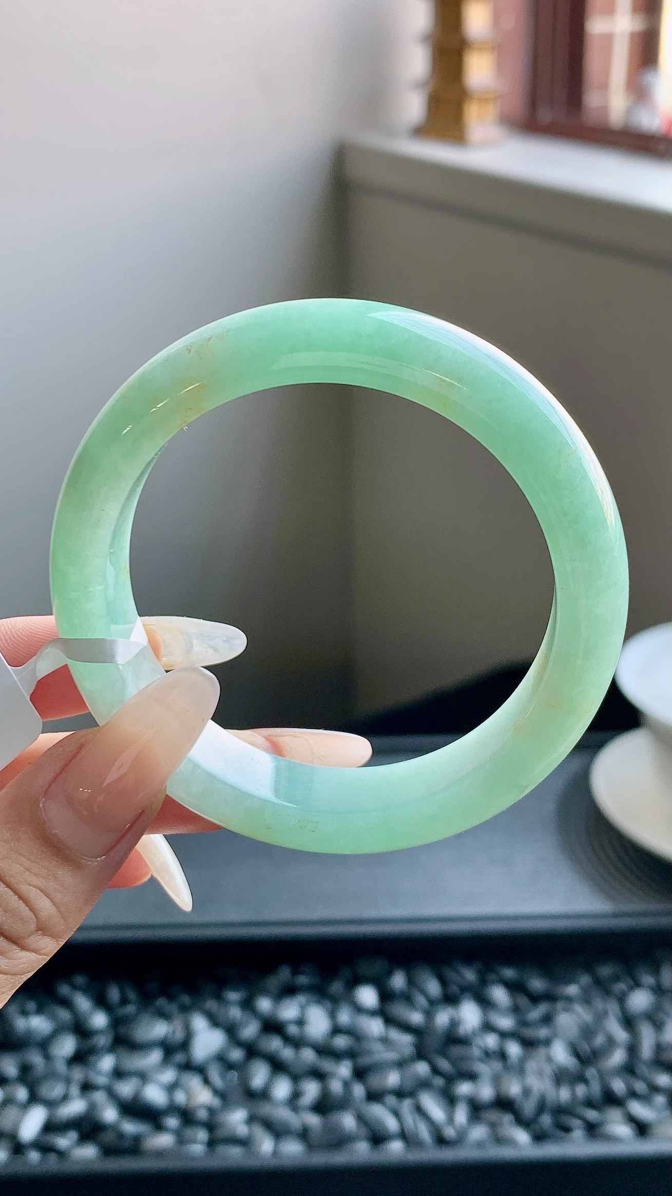 果绿洒金正圈手镯成品 HYY-8297 尺寸：52-12-8
